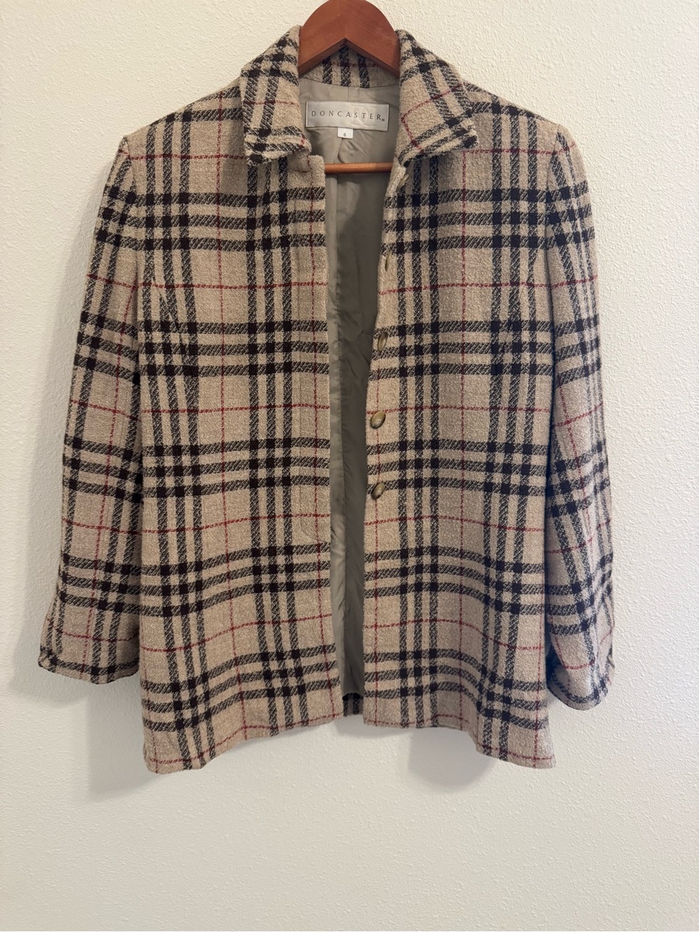 Doncaster Wool Plaid Blazer Jacket Womens Size 6 Beige Brown Red Vintage Classic